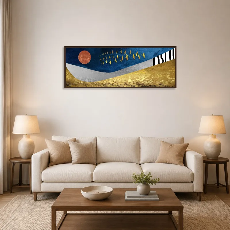An abstract artwork of birds in flight, adding a dynamic touch above a living room sofa.