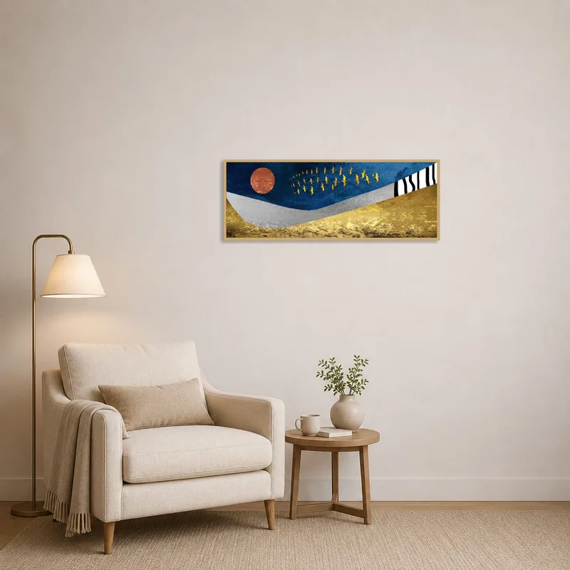 Soothing abstract bird wall art providing a serene vibe to a cozy reading corner.