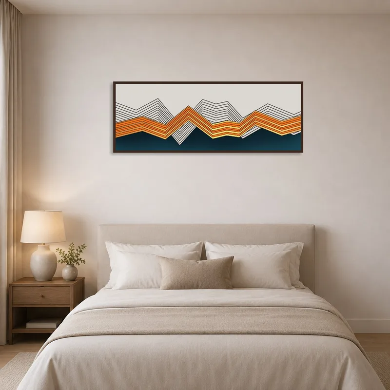 Panoramic art showcasing orange and blue peaks creating a serene ambiance in the bedroom.