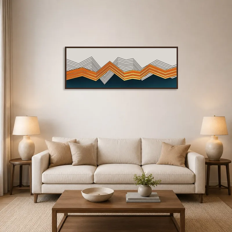 Panoramic geometric art with orange and blue peaks in a stylish living room above a modern sofa.