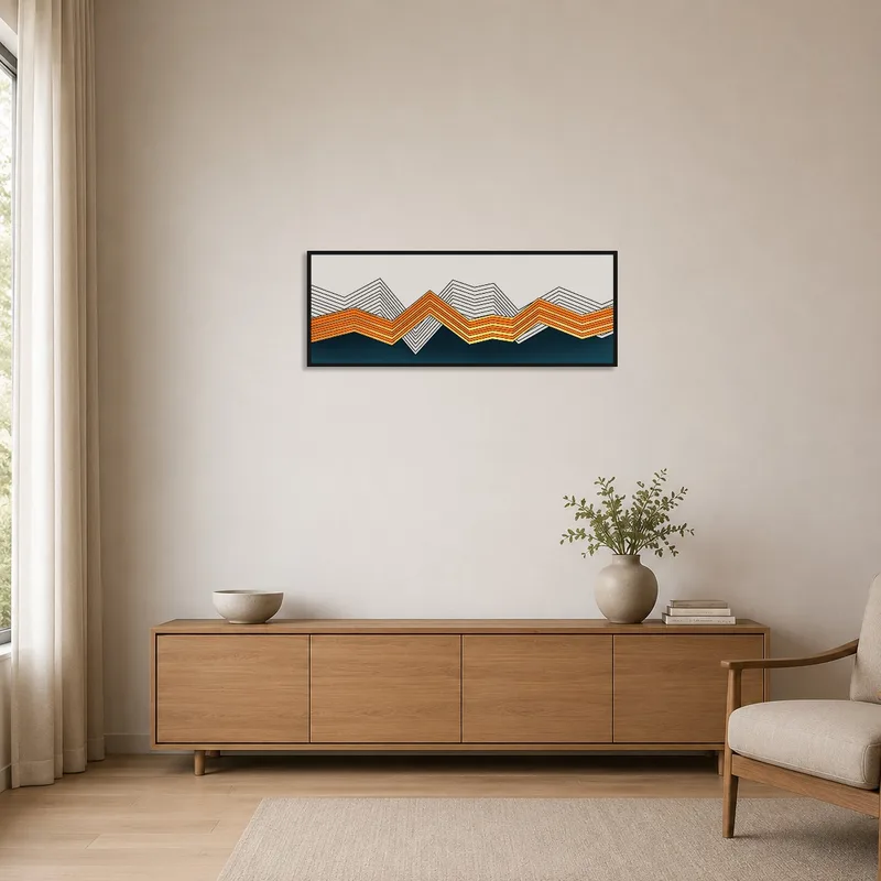 Geometric art featuring orange and blue peaks in a minimalist setting with a clean aesthetic.
