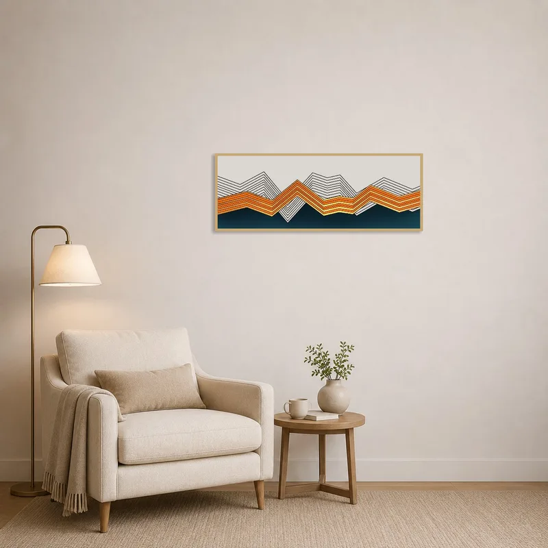 Geometric art of orange and blue peaks adding a vibrant touch to a cozy reading corner.
