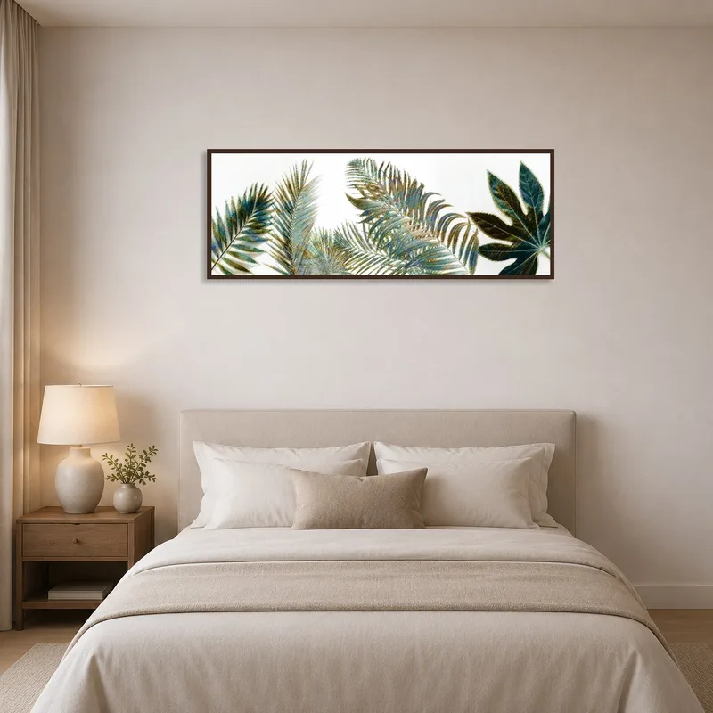 Serene bedroom enhanced by a panoramic tropical foliage illustration.