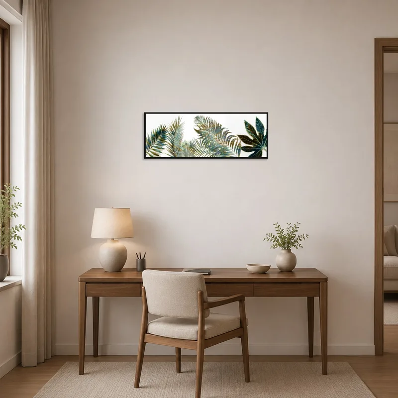 Tropical foliage illustration inspiring creativity in a home office.