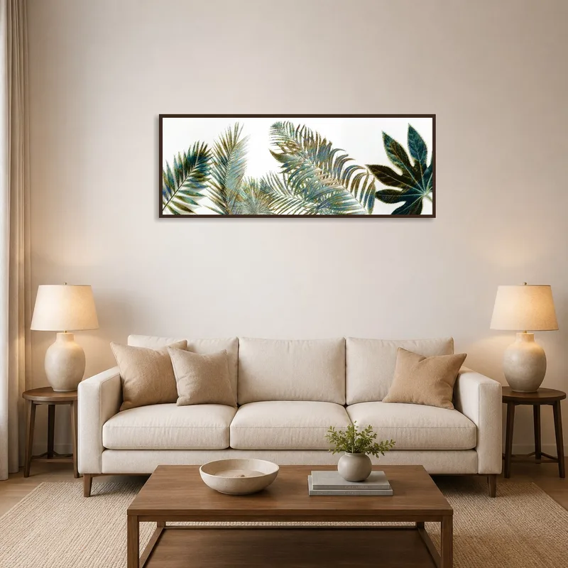 Panoramic tropical foliage illustration on a living room wall with cozy seating.