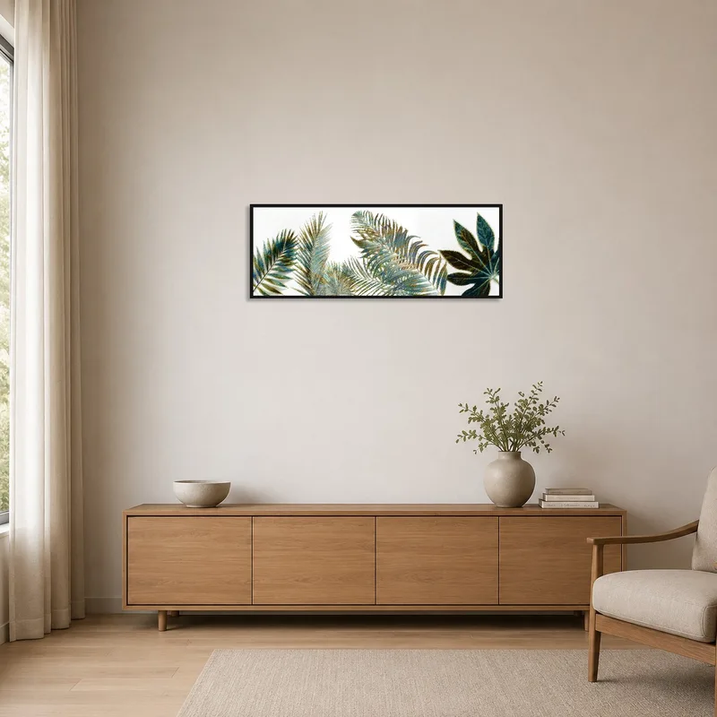 Tropical foliage illustration adding a pop of color in a minimalist room.