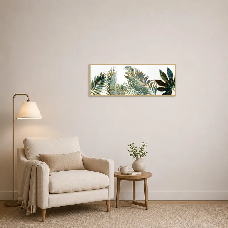 Tropical foliage illustration beside a comfy chair in a reading corner.