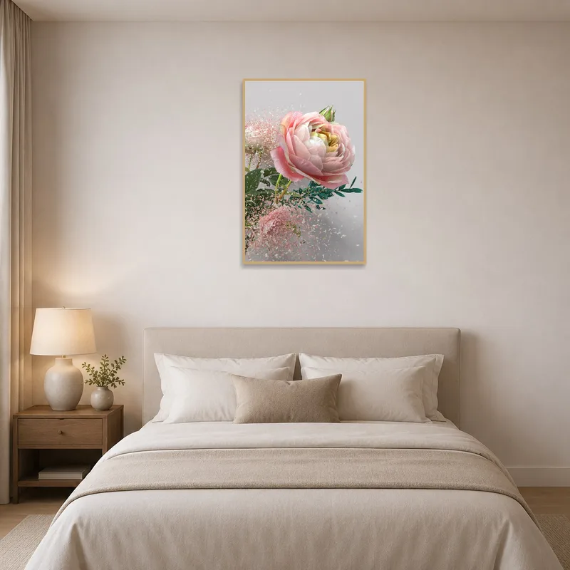 Bedroom adorned with Pink Peony in Bloom artwork, adding softness and elegance to the space.