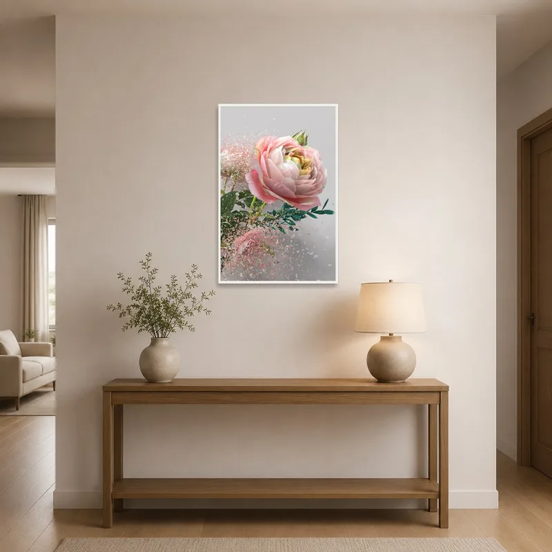 Entrance hall featuring a Pink Peony in Bloom artwork, welcoming guests with a floral vibe.