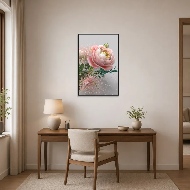 Home office brightened by a Pink Peony artwork, inspiring creativity with its floral charm.