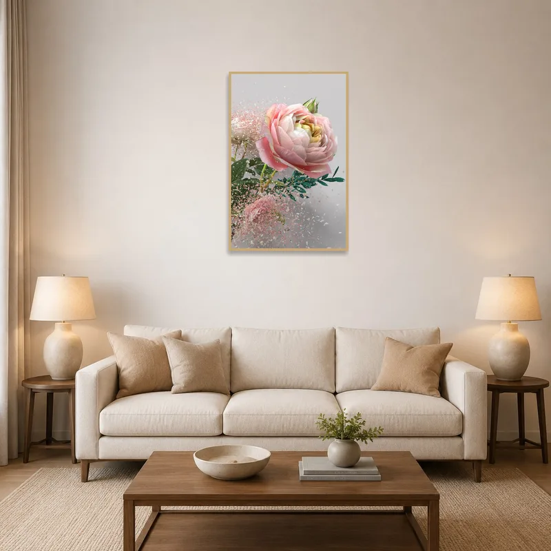 A living room with a Pink Peony in Bloom artwork on the wall above the sofa.