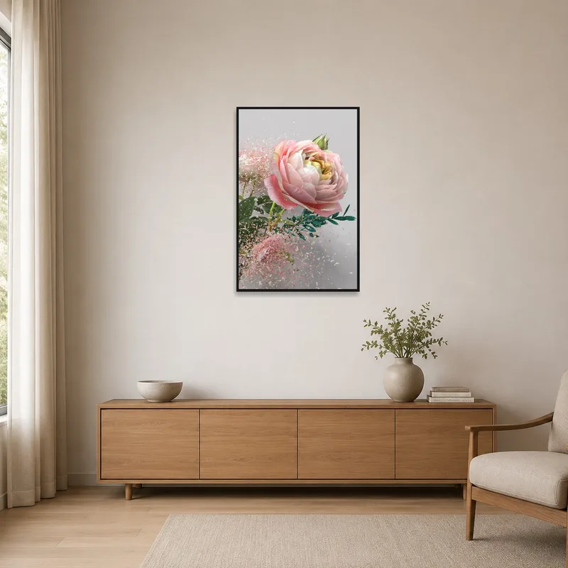 Minimalist room with a Pink Peony artwork adding a touch of color to the sleek space.
