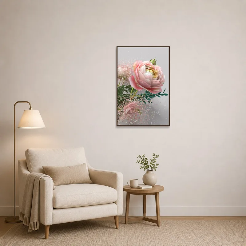 Reading corner with Pink Peony artwork, enhancing the cozy ambiance with its floral beauty.