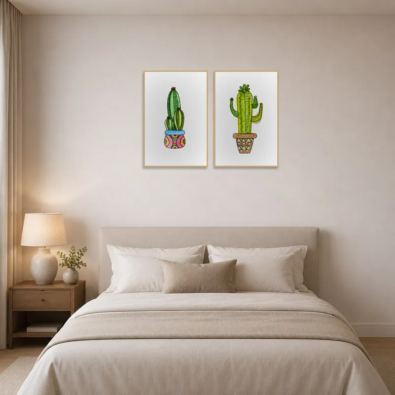 Vibrant cactus art set infuses the bedroom with color.