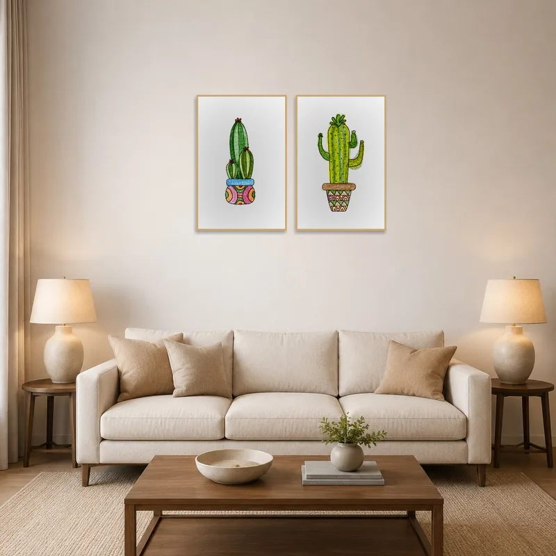 Colorful cactus artwork set brightens up the living room wall.