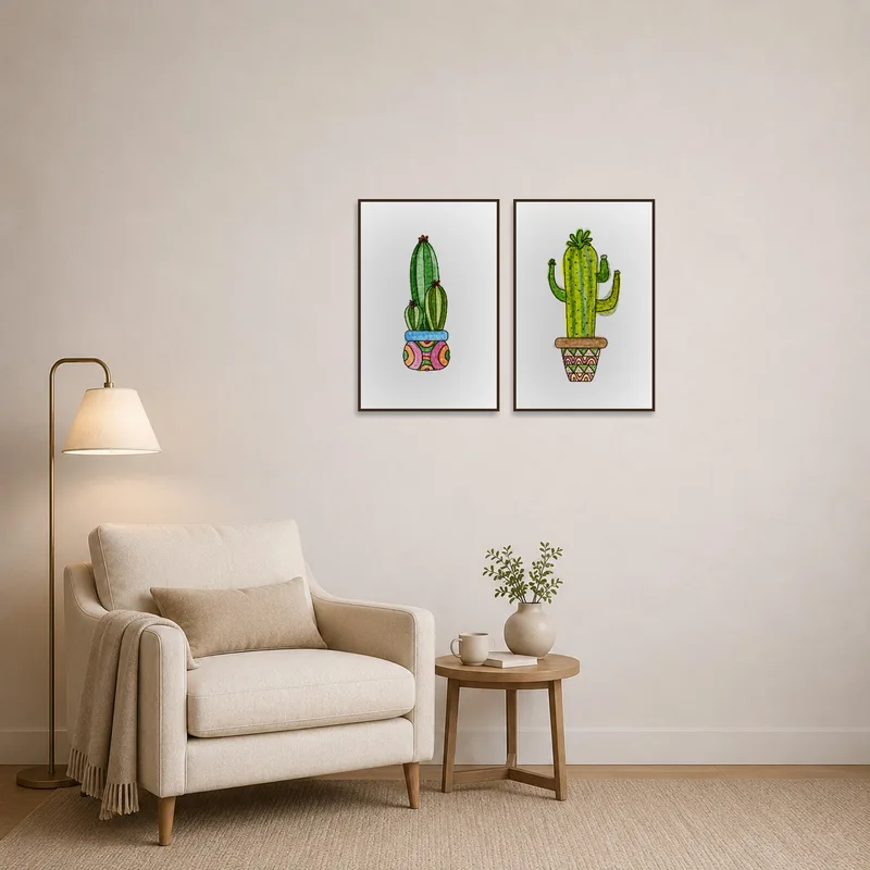 The artwork set enlivens the cozy reading corner.