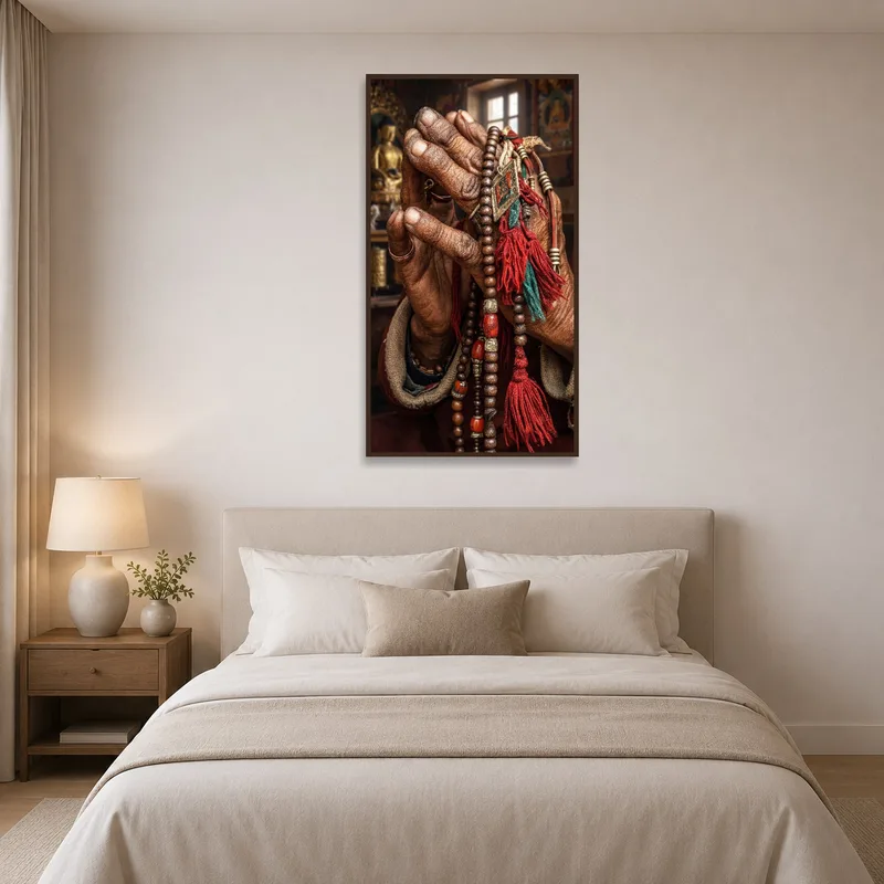 Prayer hands with red tassels bring calm to a peaceful bedroom.