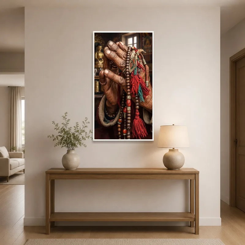 Serene prayer hands with mala greet guests in an entrance hall.