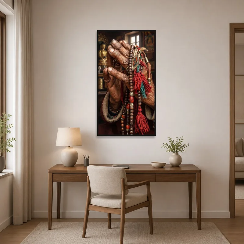 Elevating focus, prayer hands art hangs in a home office workspace.