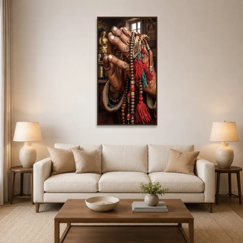 Artwork of prayer hands with mala in a living room above a modern sofa.