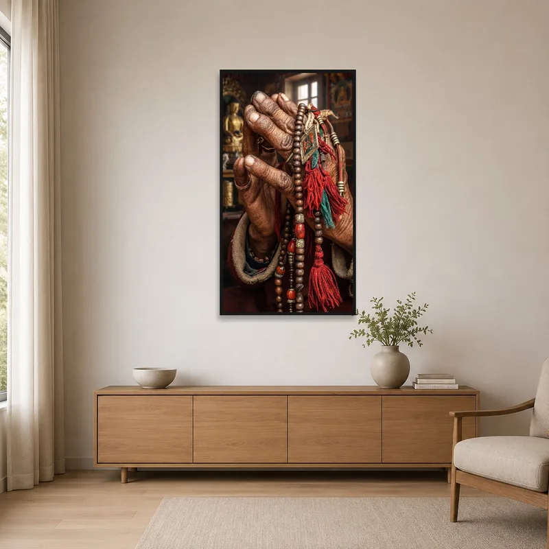 Prayer hands with beads in a minimalist space, enhancing tranquility.