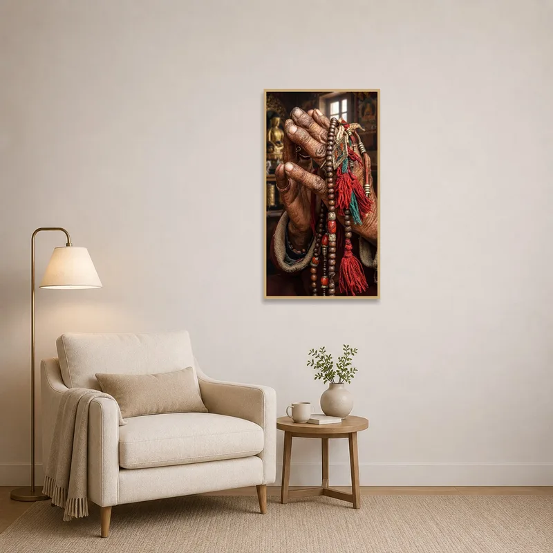 Spiritual art of prayer hands adorns a reading corner with cozy seating.