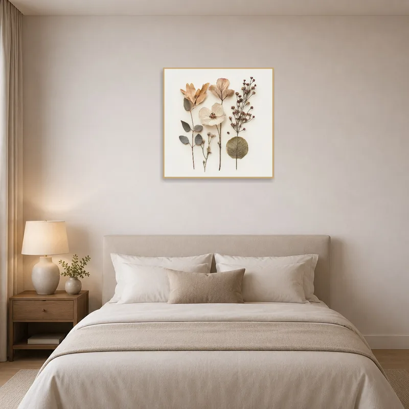 Bedroom wall adorned with floral print, creating a calming atmosphere.