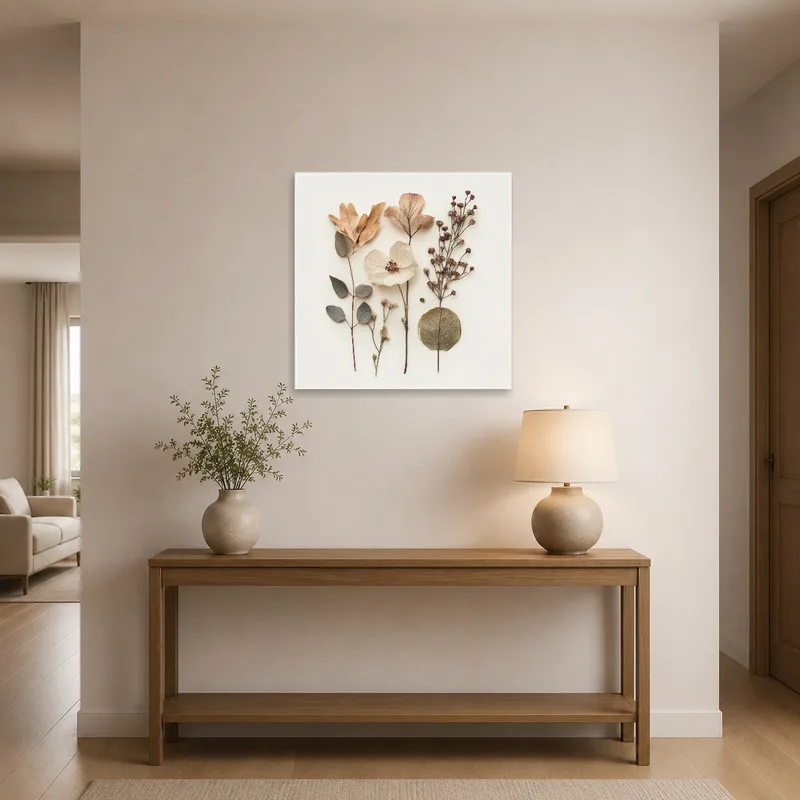 Welcoming entrance hall with nature-themed print as focal point.