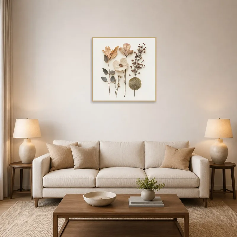 Botanical art print on living room wall, adding a nature-inspired touch.