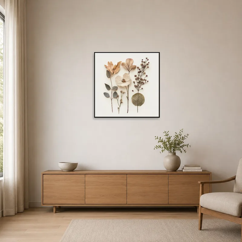 Simple room with botanical print, enhancing the clean aesthetic.