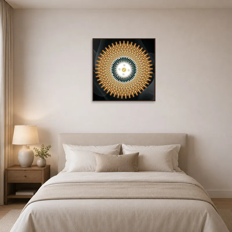 Radiant Geometric Spiral Art Print complementing a serene bedroom.