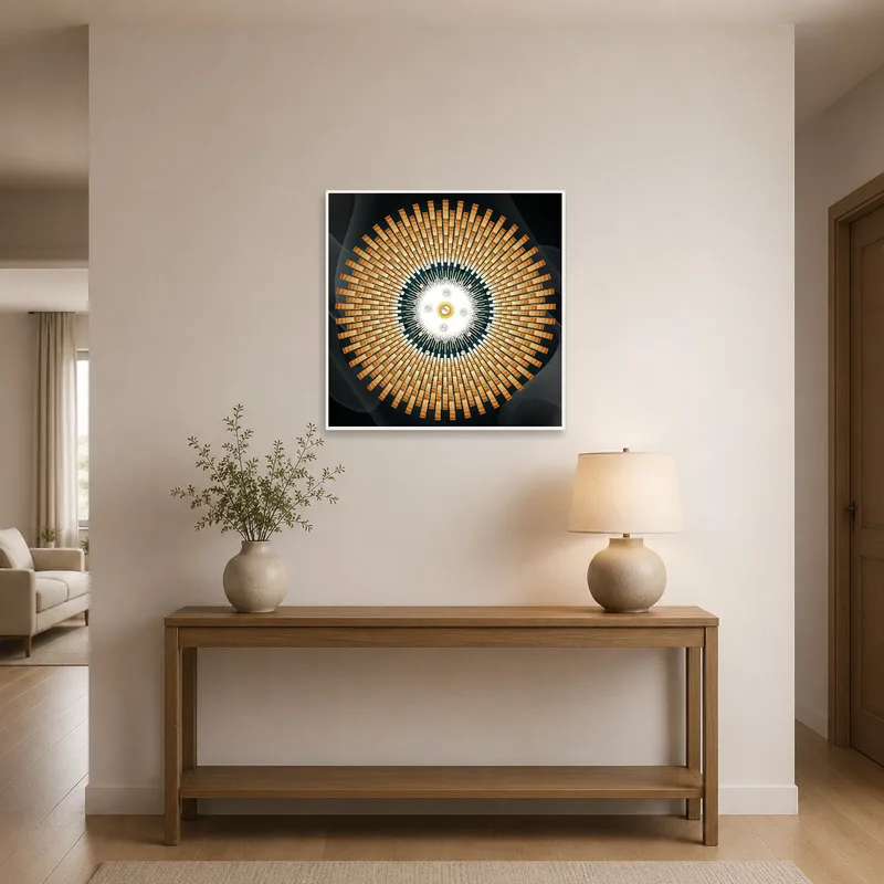 Radiant Geometric Spiral Art Print brightening an entrance hall.