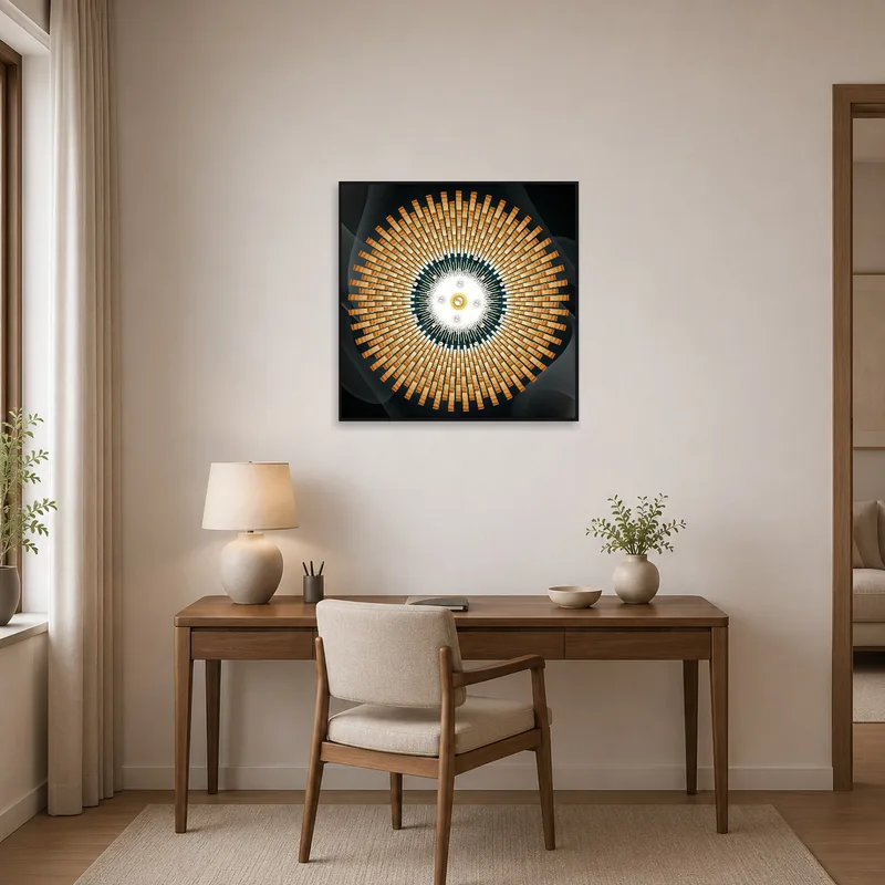 Radiant Geometric Spiral Art Print inspiring a home office workspace.