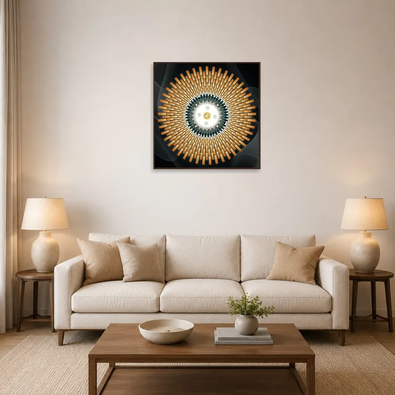 Radiant Geometric Spiral Art Print on a living room wall above a cozy sofa.