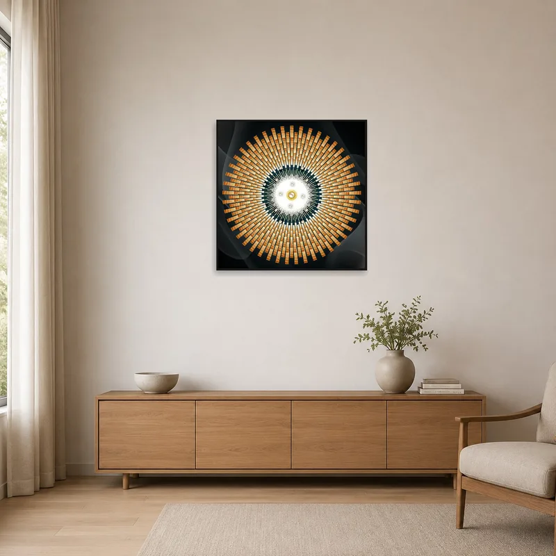 Radiant Geometric Spiral Art Print in a minimalist room with neutral tones.