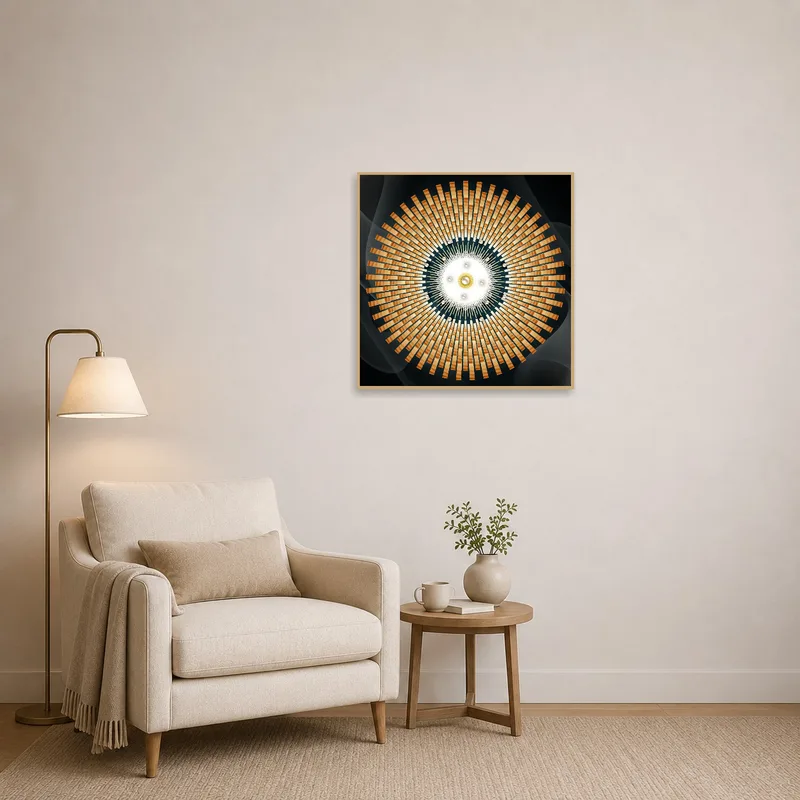 Radiant Geometric Spiral Art Print adding flair to a reading corner.