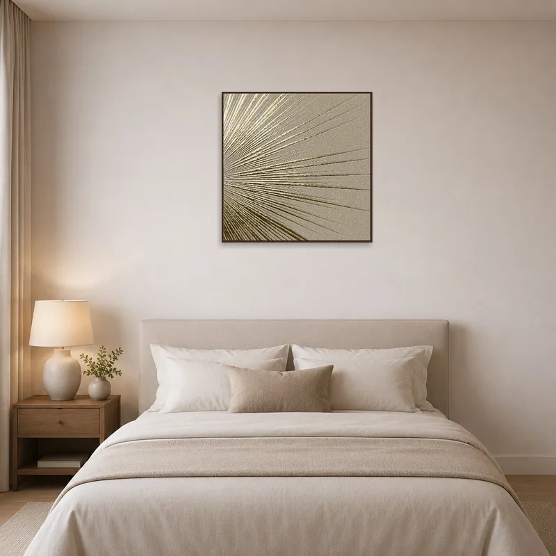 Bedroom adorned with calming abstract lines in beige and gold tones.