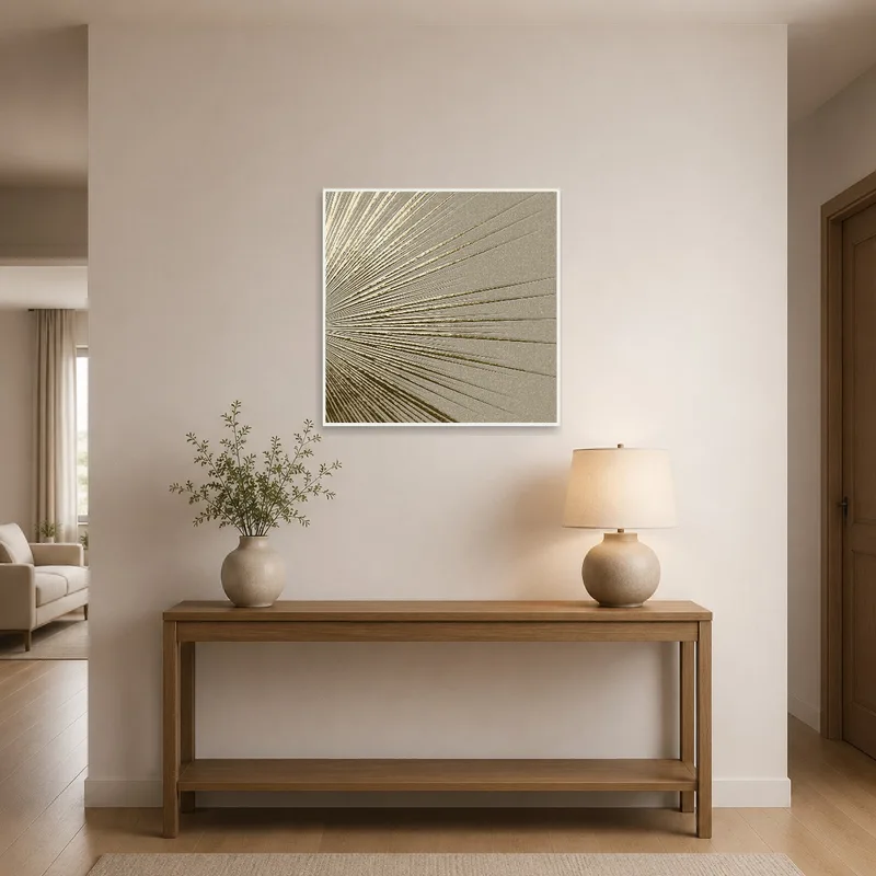 Entrance hall featuring elegant abstract artwork in beige and gold.