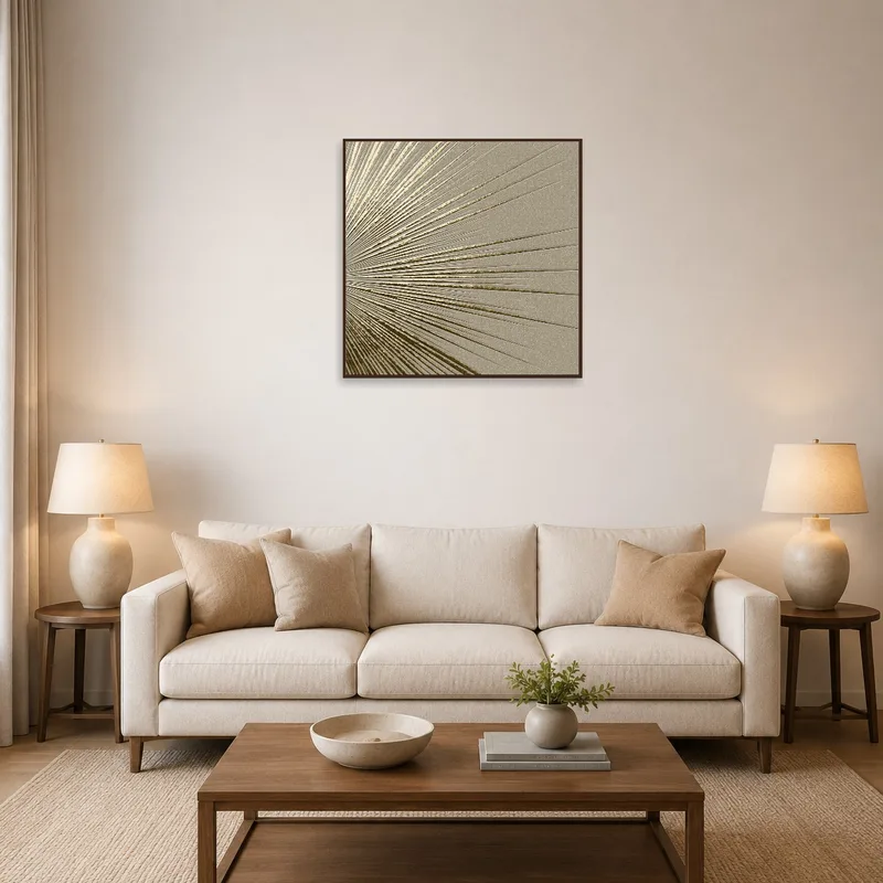 Abstract beige and gold art on living room wall adds warmth and elegance.