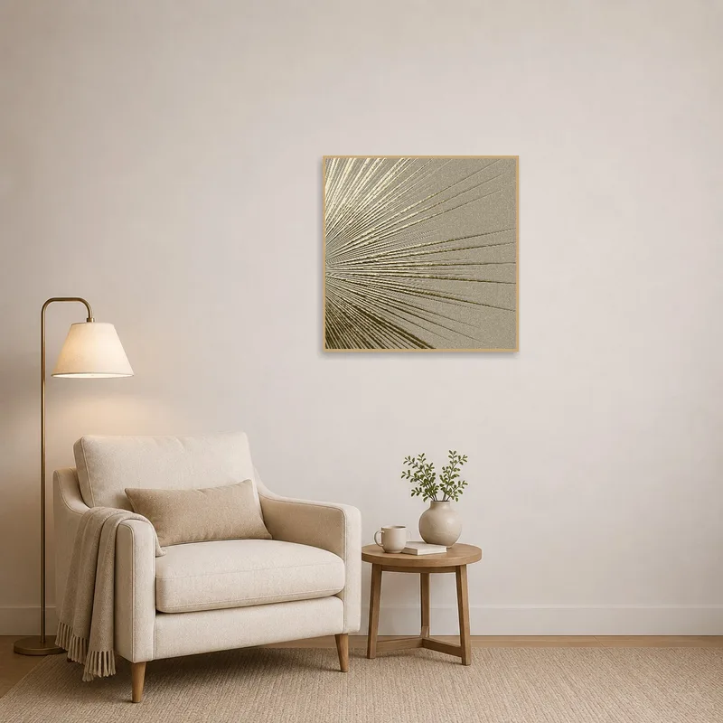 Reading corner with abstract beige and gold art creating a cozy nook.