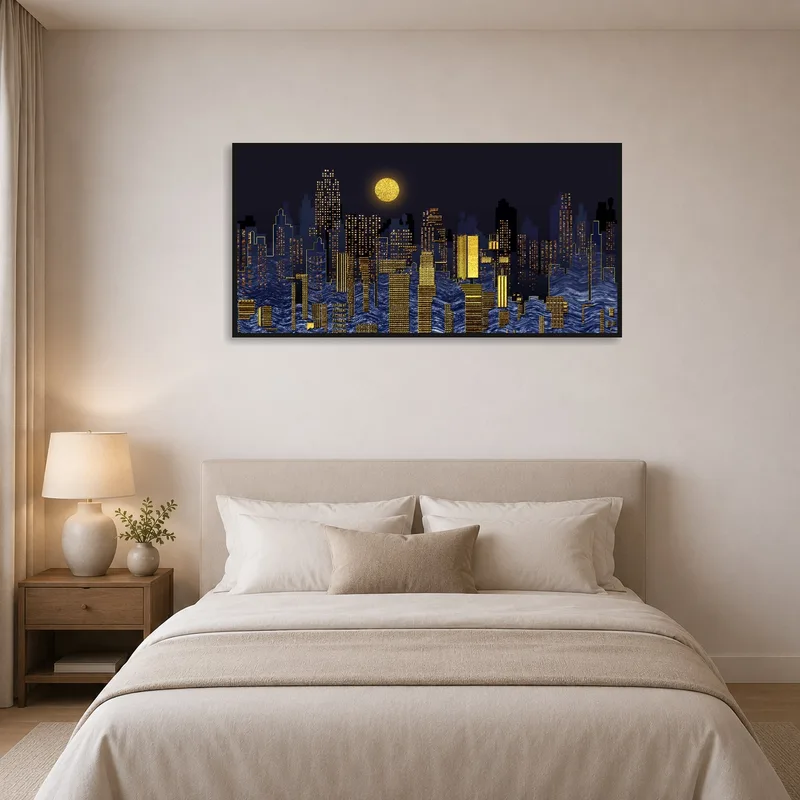Radiant city panorama lends tranquility to the bedroom ambiance.