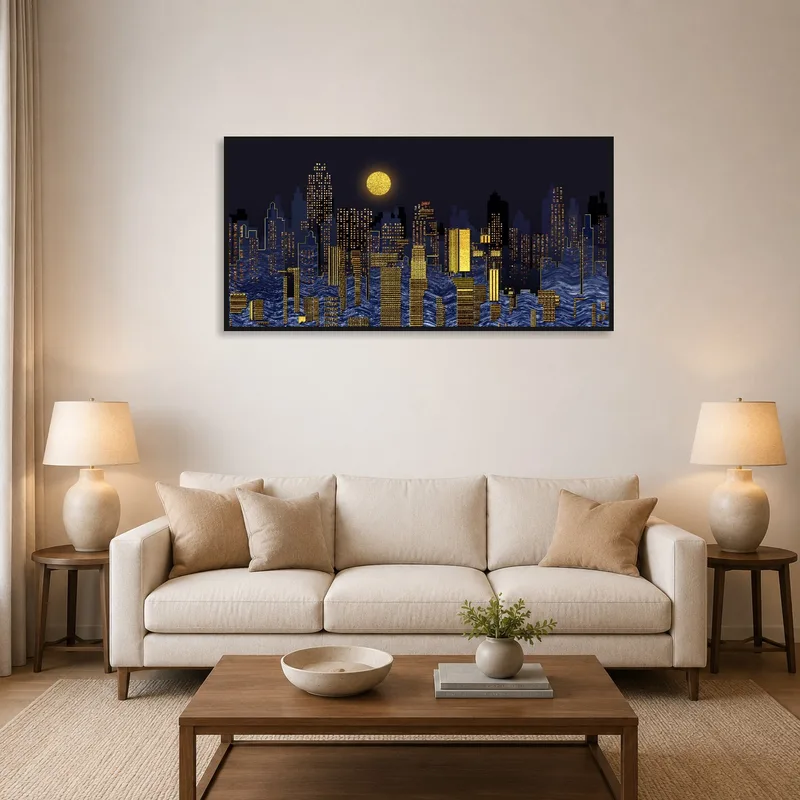 Panoramic nighttime cityscape art brightens the living room wall.
