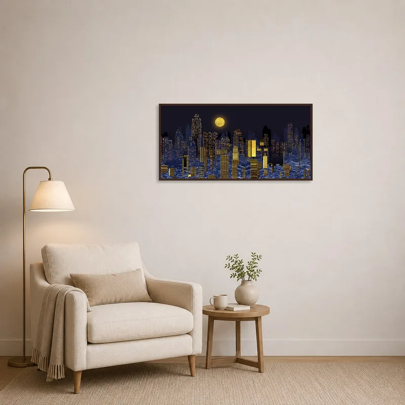 Nighttime cityscape adds allure to the cozy reading corner.