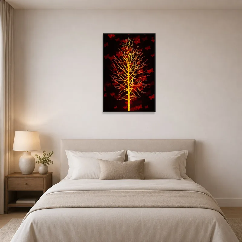 Yellow tree with red butterflies adds color over a bedroom's headboard.