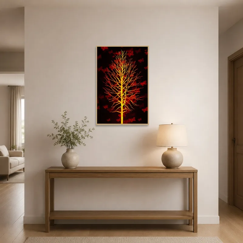 Artistic yellow tree with red butterflies greeting guests in entrance hall.