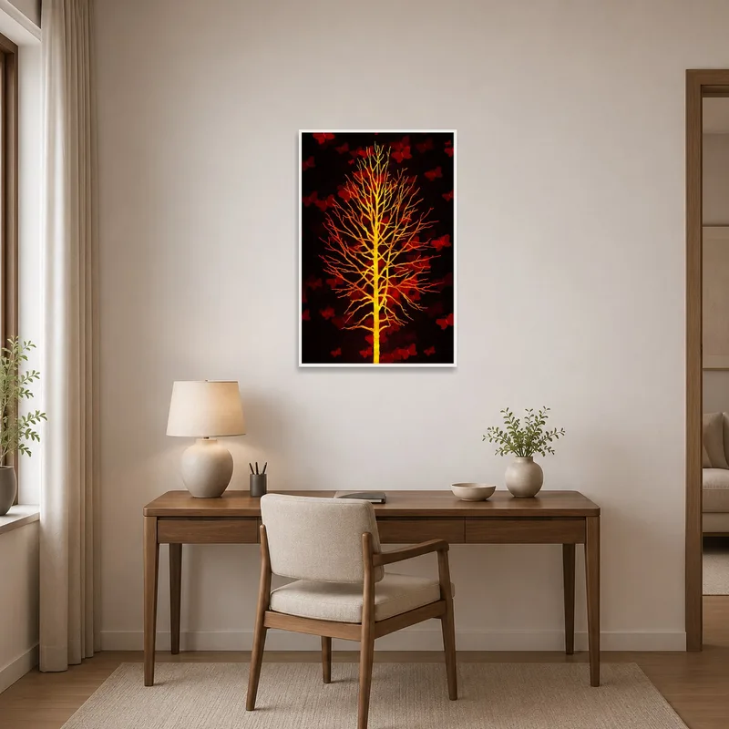 Home office wall brightened by yellow tree and fluttering red butterflies.