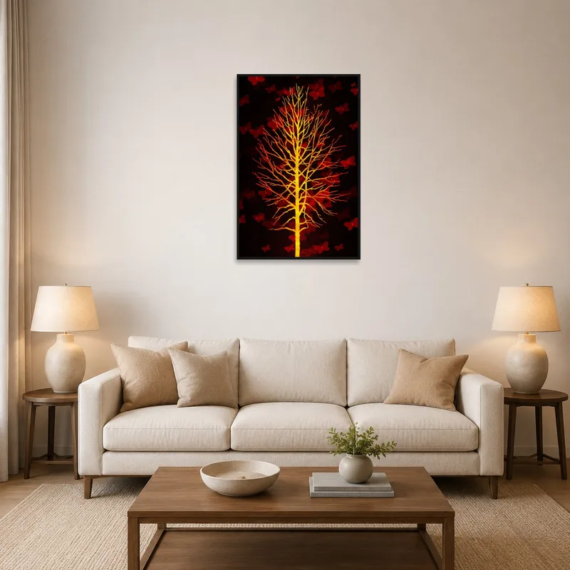 A vibrant yellow tree with red butterflies adorns a living room wall.