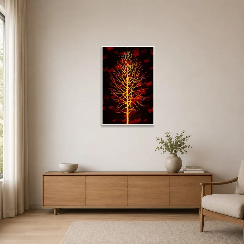 Minimalist space featuring a yellow tree and red butterflies.