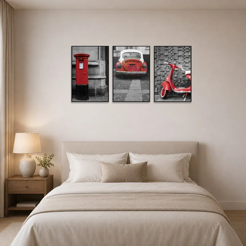 Bedroom accentuated by a triptych depicting red urban vehicles.