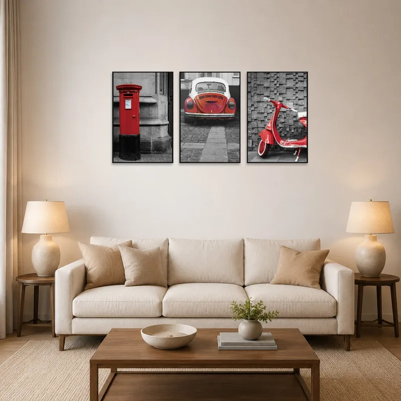 Triptych of red urban vehicles displayed in a stylish living room setting.